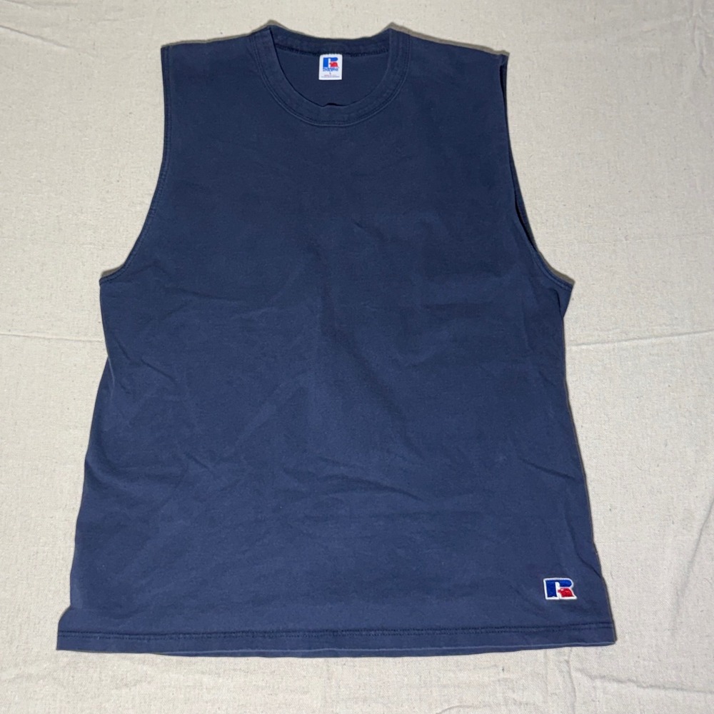 Vintage Russell Athletic Navy Blue Muscle Tee Sleeveless Shirt Made in USA L